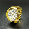 A ring watches with sparkling crystals, displayed in gold color.