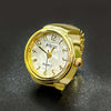 A ring watch with sparkling crystals, displayed in gold color.