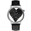 Heart-shaped watch with black face and leather strap on a white background