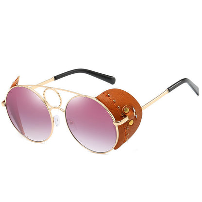 Retro Leather Accent Round Sunglasses - Unique & Edgy