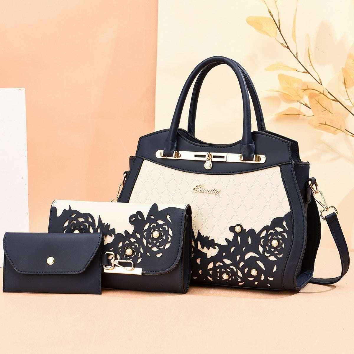 The Floral Trio - 3-Piece Handbag Set with Laser-Cut Floral Detail