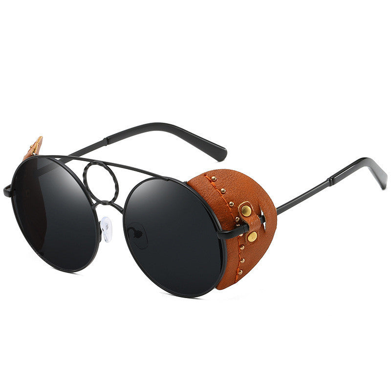 Retro Leather Accent Round Sunglasses - Unique & Edgy