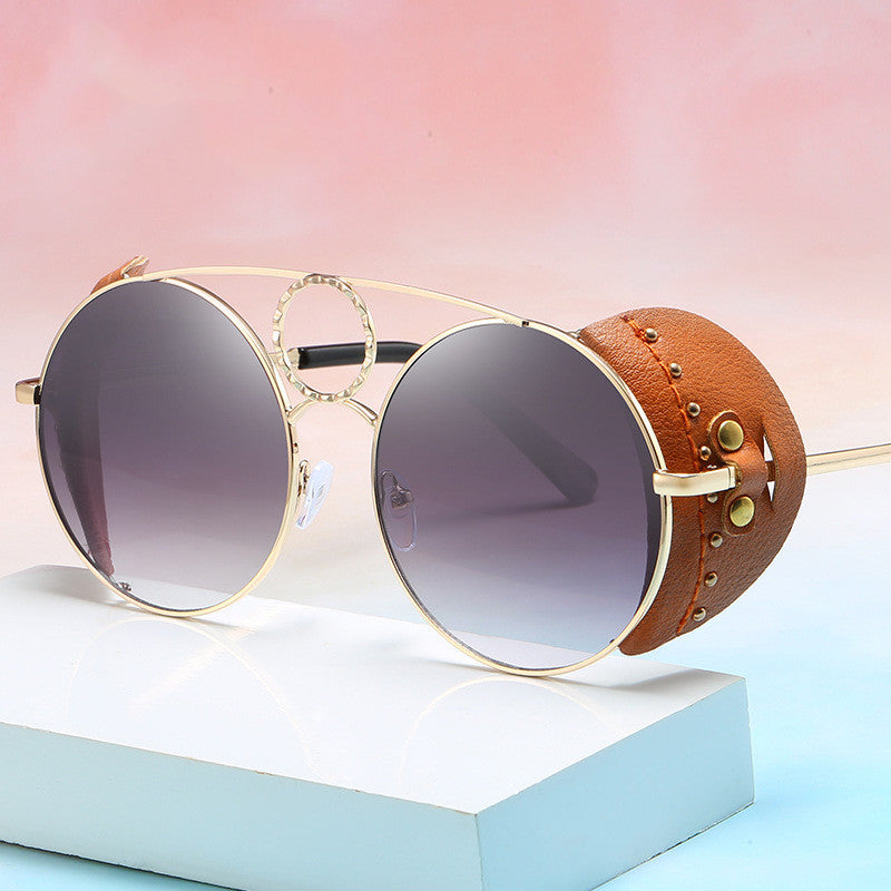 Retro Leather Accent Round Sunglasses - Unique & Edgy