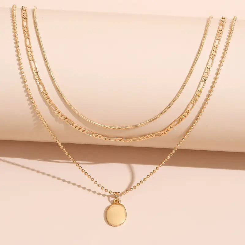 RAMODO Layered Oval Pendant Necklace - Vintage Gold/Silver Chain Set
