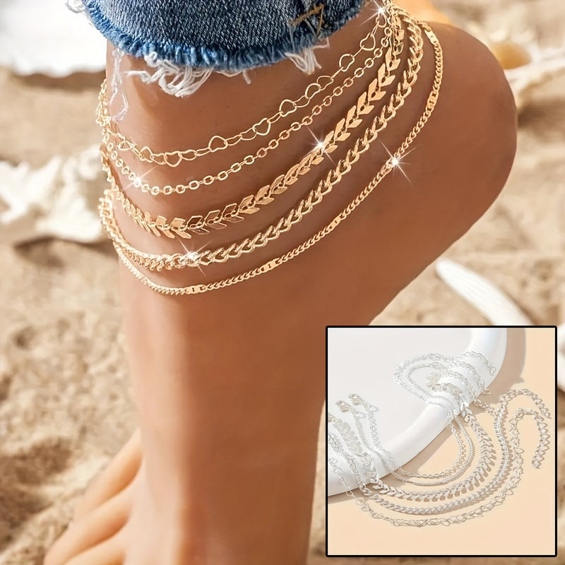 5Pcs Bohemian Layered Anklets Set - Summer Beach Chain Ankle Bracelets