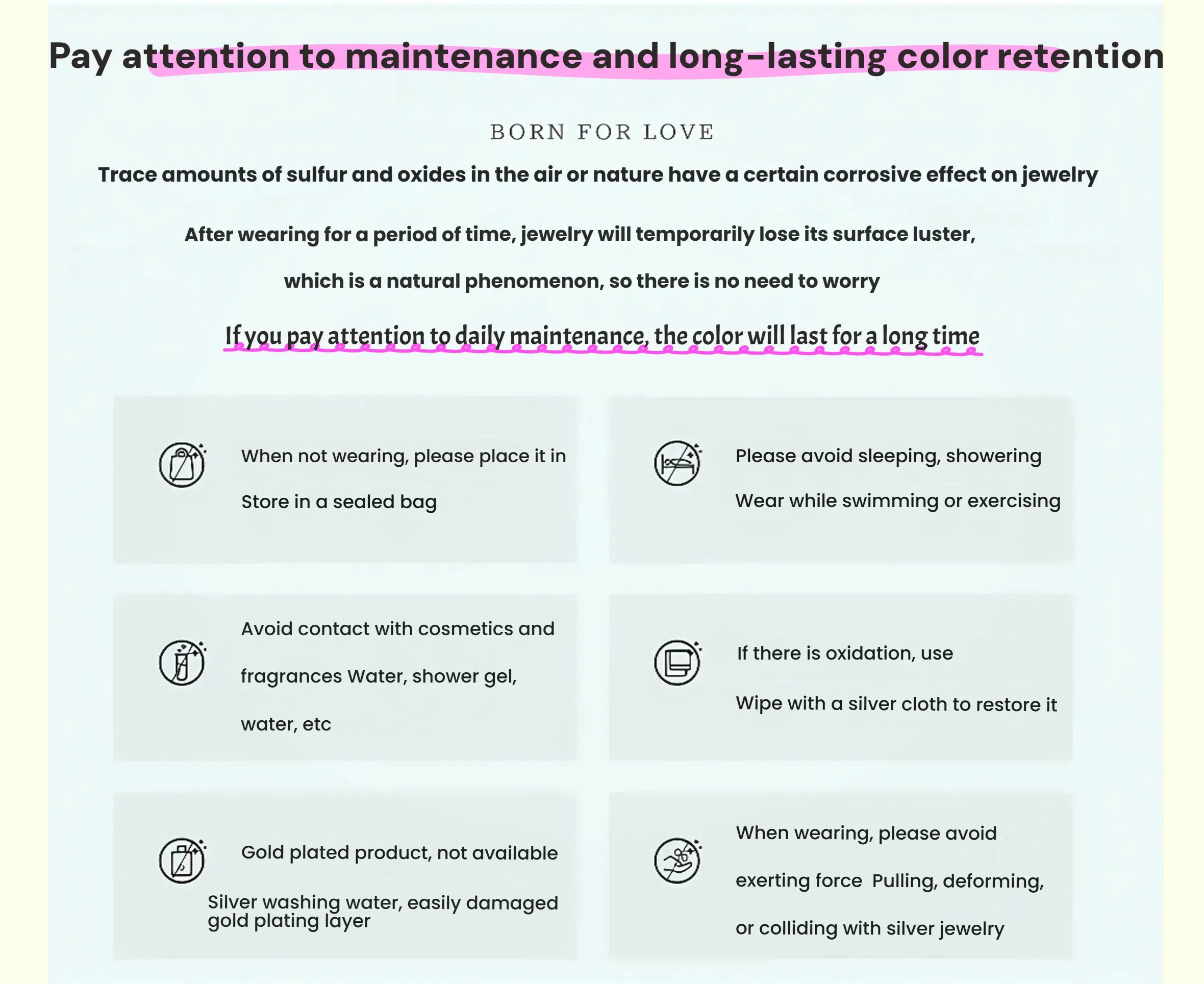Jewelry care instructions with text on a gradient background