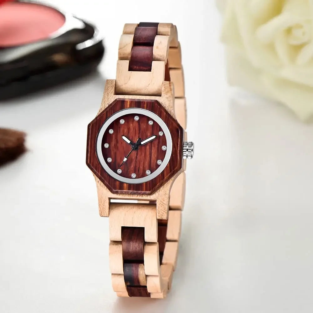 Wooden watch with a red-brown strap on a white surface
