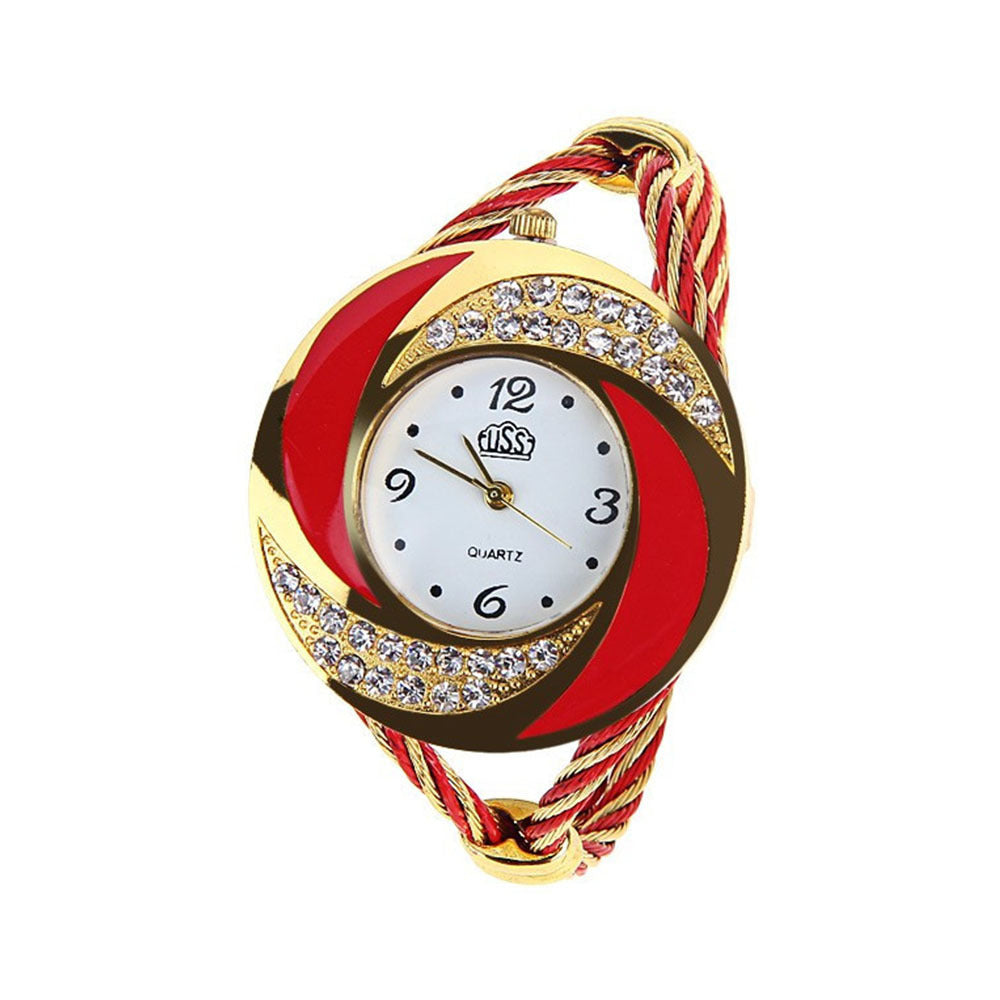Wristwatch with red and gold braided strap on a white background