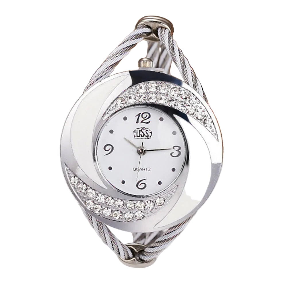 Silver wristwatch with gemstones on a white surface