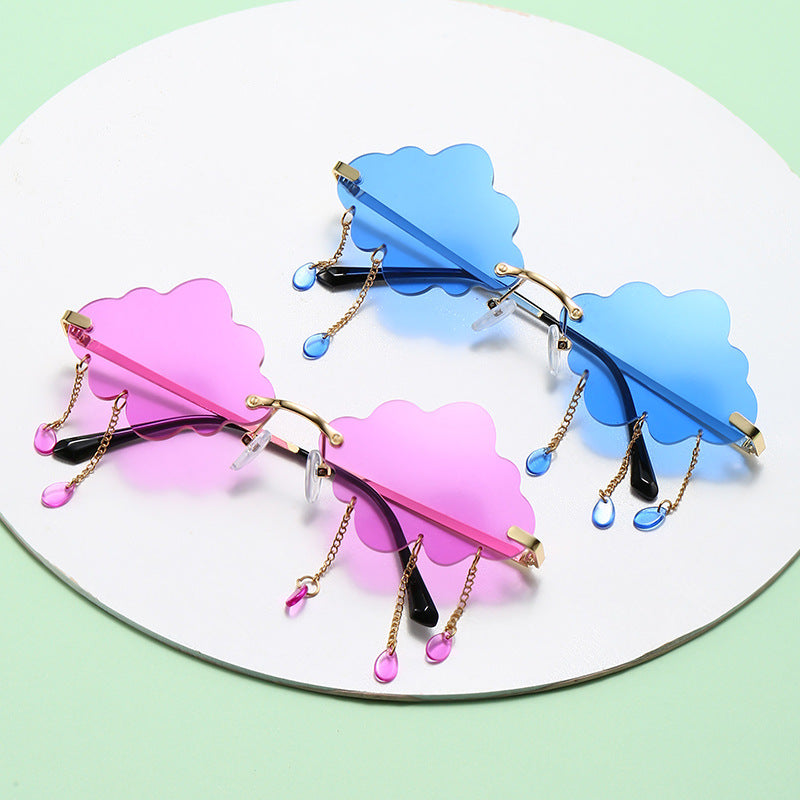 Colorful sunglasses with decorative elements on a white plate against a light green background