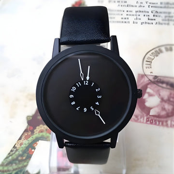 Black wristwatch with a unique clock face design on a vintage background