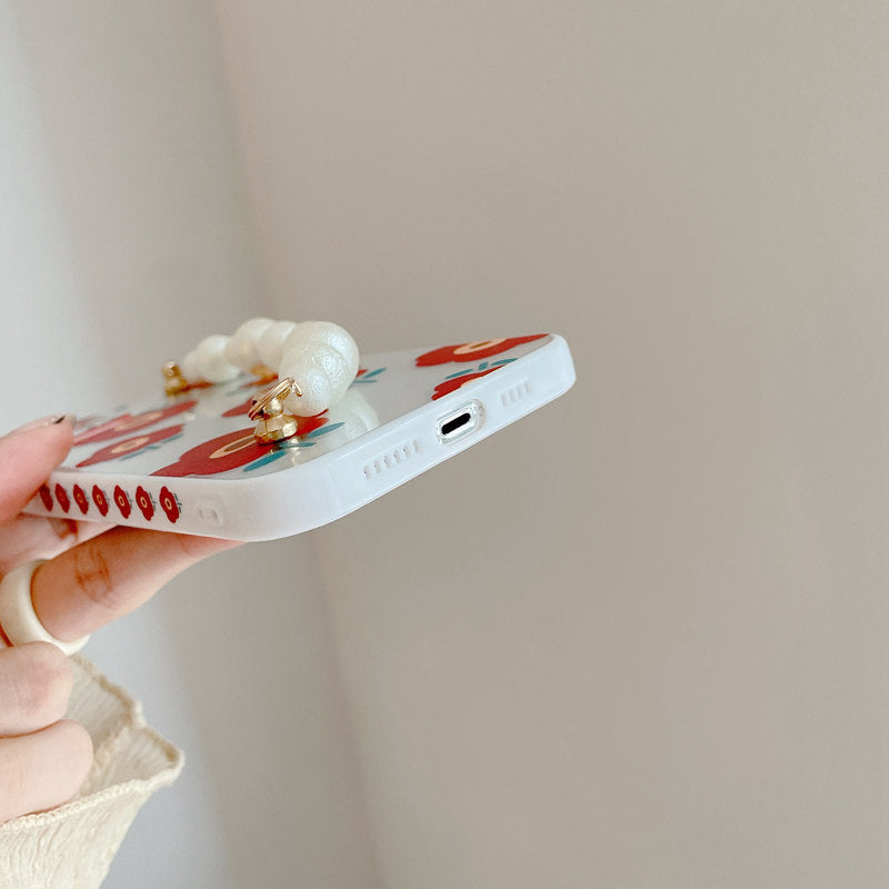 Korean Floral Pearl Strap iPhone Case - Protective & Stylish Wristlet Cover