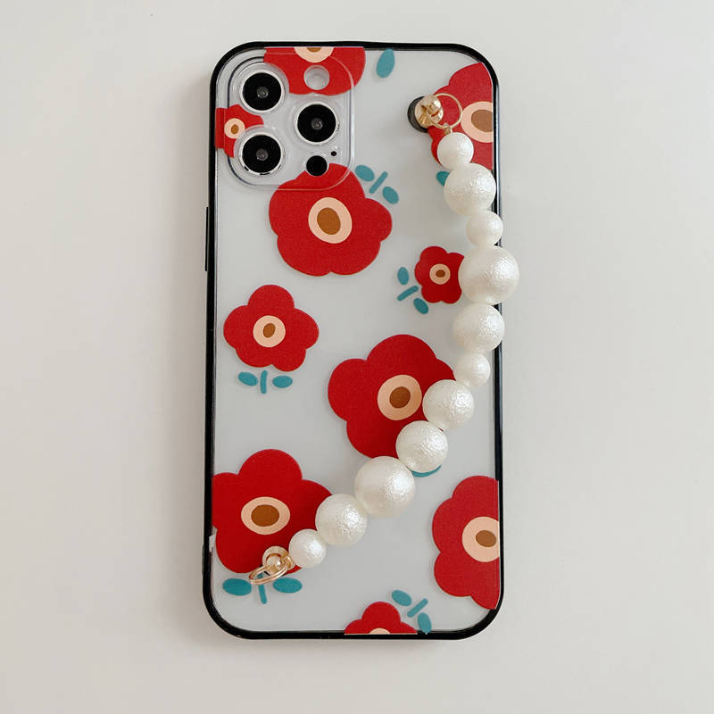 Korean Floral Pearl Strap iPhone Case - Protective & Stylish Wristlet Cover
