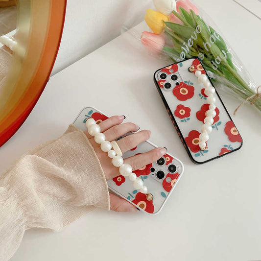 Korean Floral Pearl Strap iPhone Case - Protective & Stylish Wristlet Cover