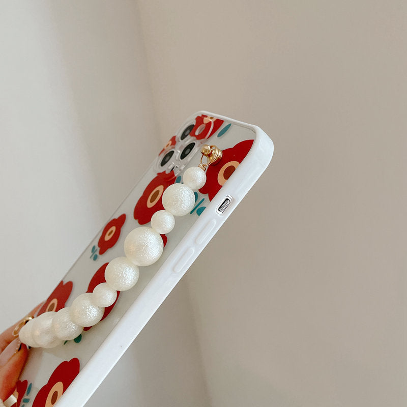 Korean Floral Pearl Strap iPhone Case - Protective & Stylish Wristlet Cover