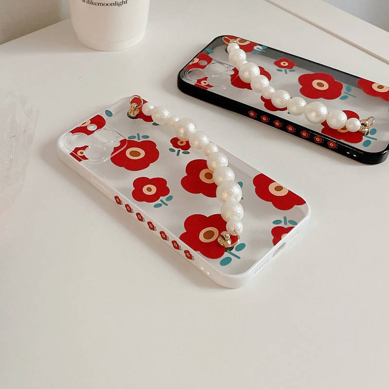 Korean Floral Pearl Strap iPhone Case - Protective & Stylish Wristlet Cover