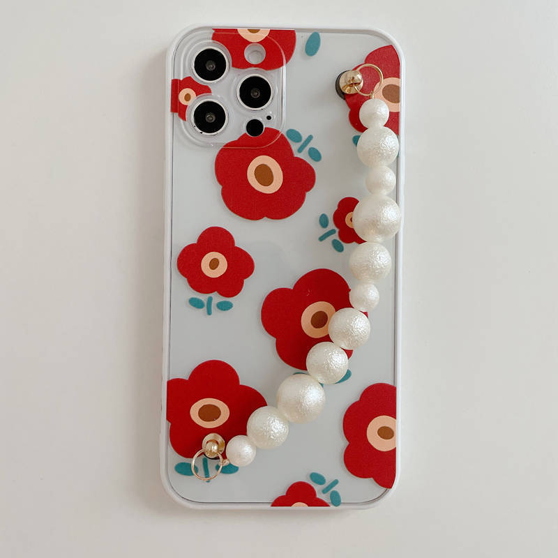 Korean Floral Pearl Strap iPhone Case - Protective & Stylish Wristlet Cover