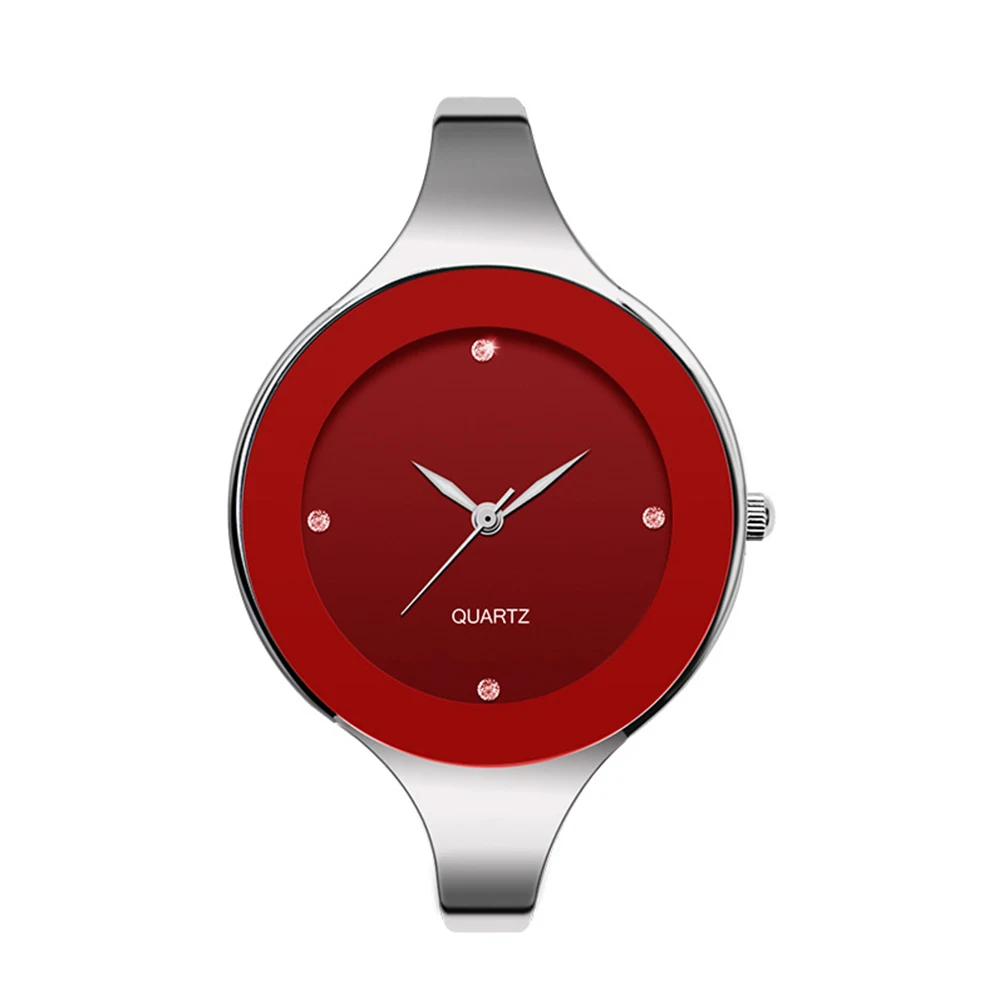 Wristwatch with a red face and silver case on a white background