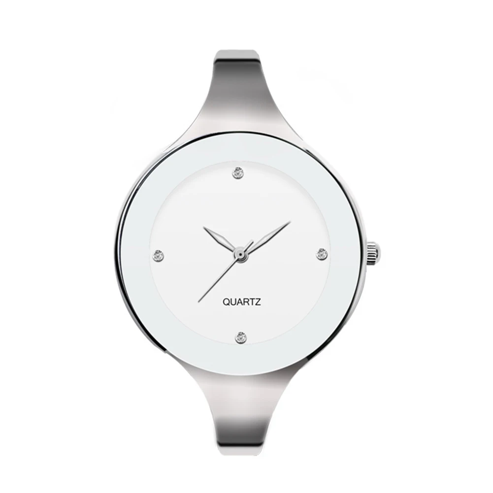 Silver watch with a white face on a white background