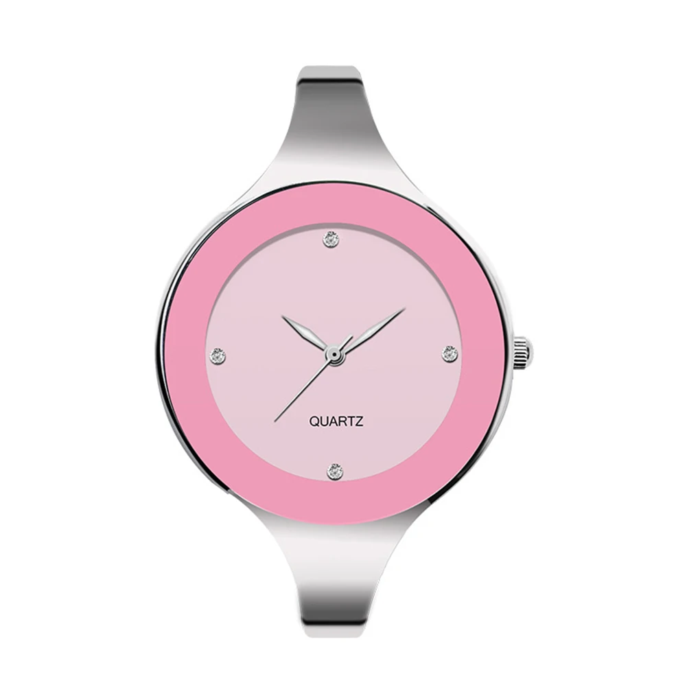 Wristwatch with pink face and silver band on a white background