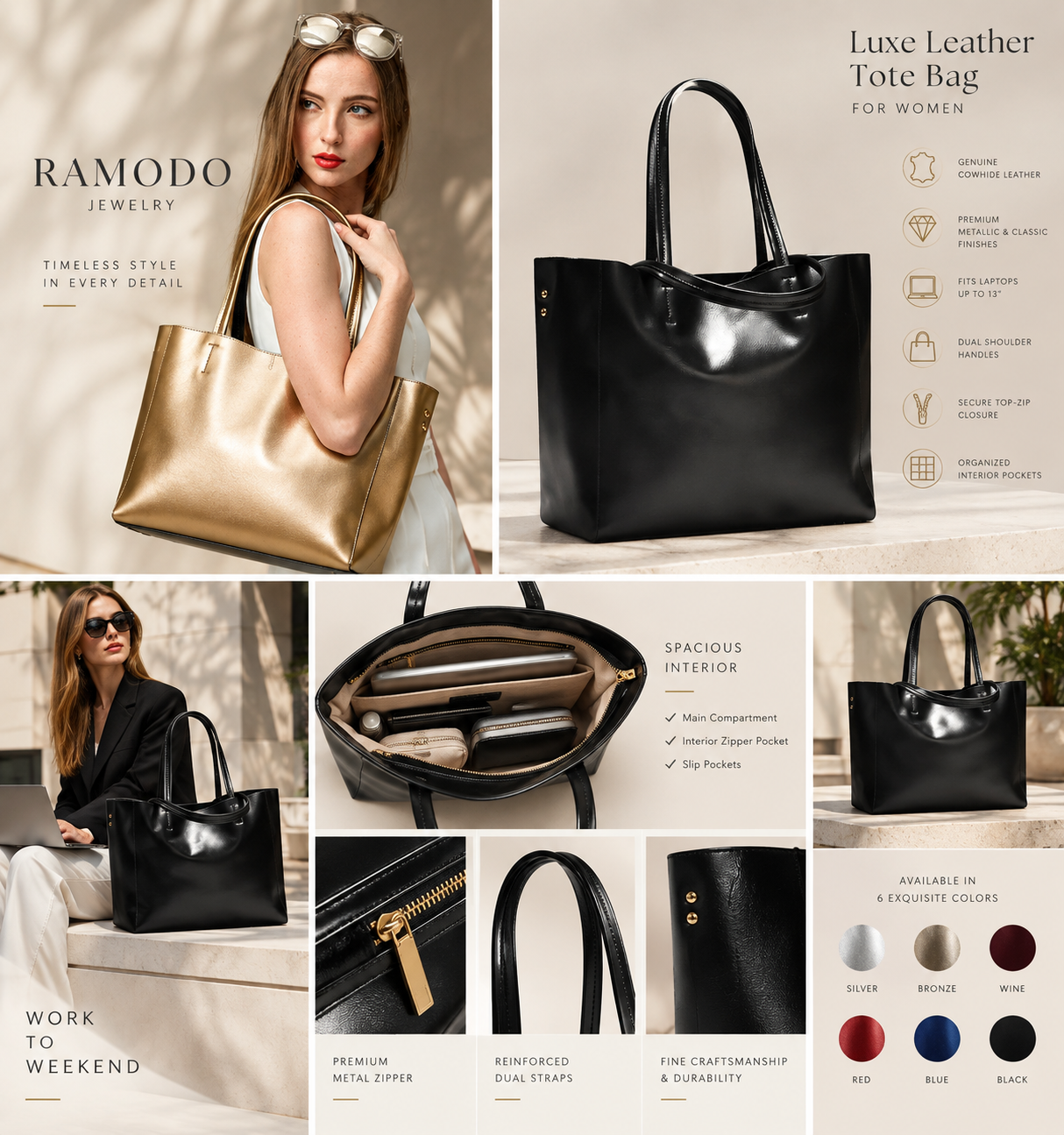 A collage-style promotional image for the RAMODO Luxury Leather Tote Bag for women. It features multiple views of the bag in black and metallic gold, including a model wearing it, an open view showing the spacious interior with accessories, close-ups of the leather texture and gold zipper, and a color selection chart.
