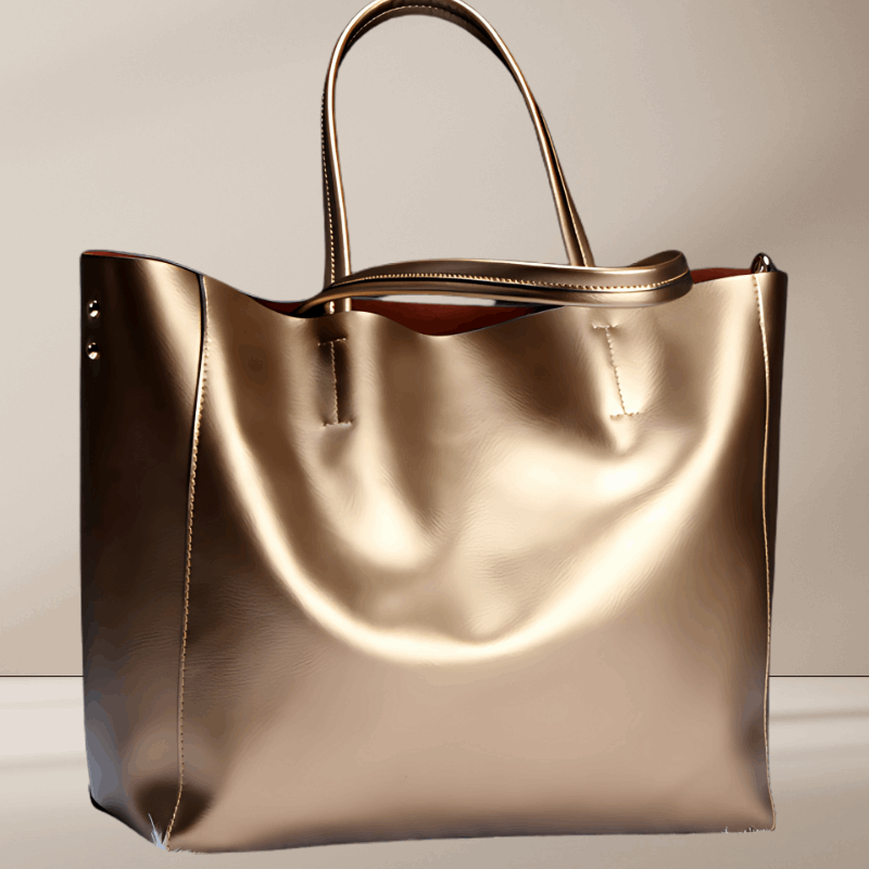 A bronze cowhide leather tote bag with double handles and top zip closure.
