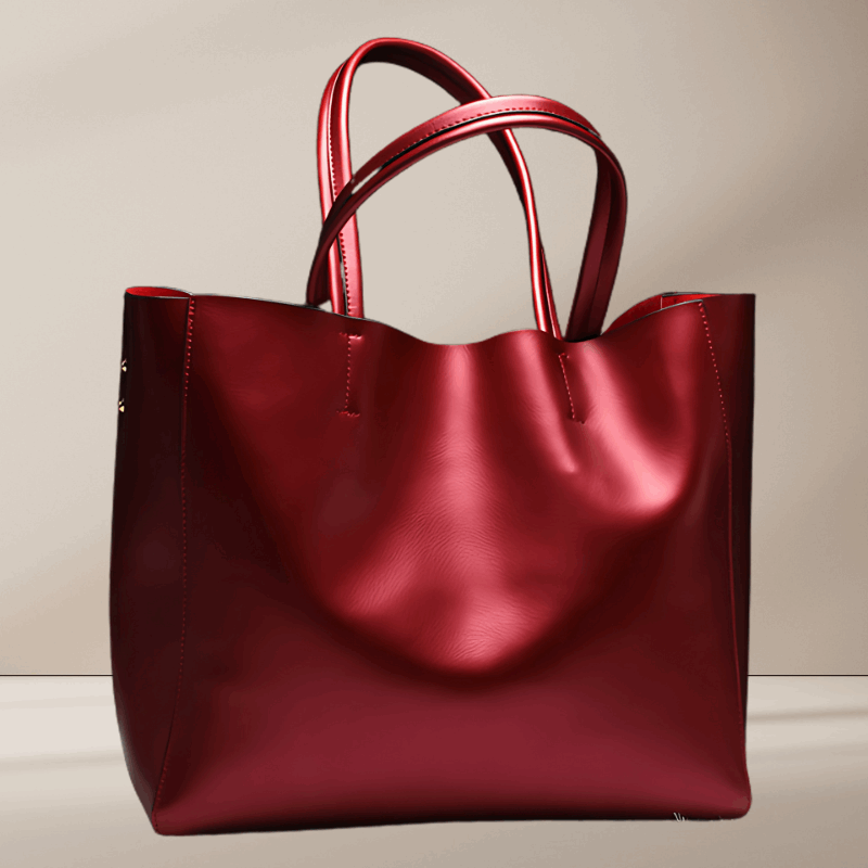 A wine red cowhide leather tote bag with double handles and top zip closure.