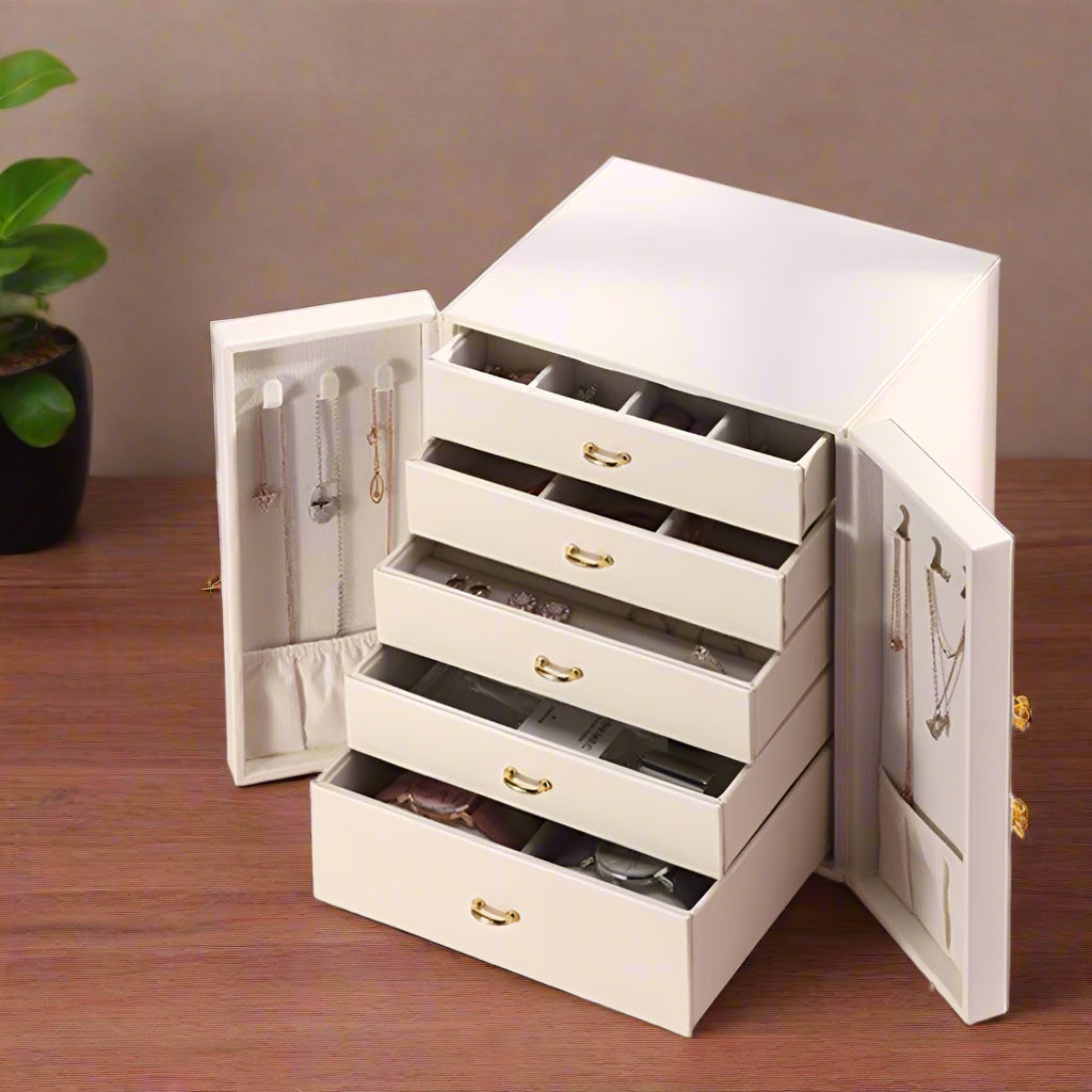 TREASURE VAULT 5-Layer Leather Jewelry Cabinet with Side Doors - RAMODO JEWELRY