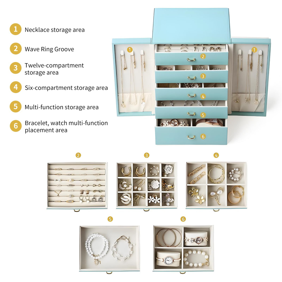 TREASURE VAULT 5-Layer Leather Jewelry Cabinet with Side Doors - RAMODO JEWELRY