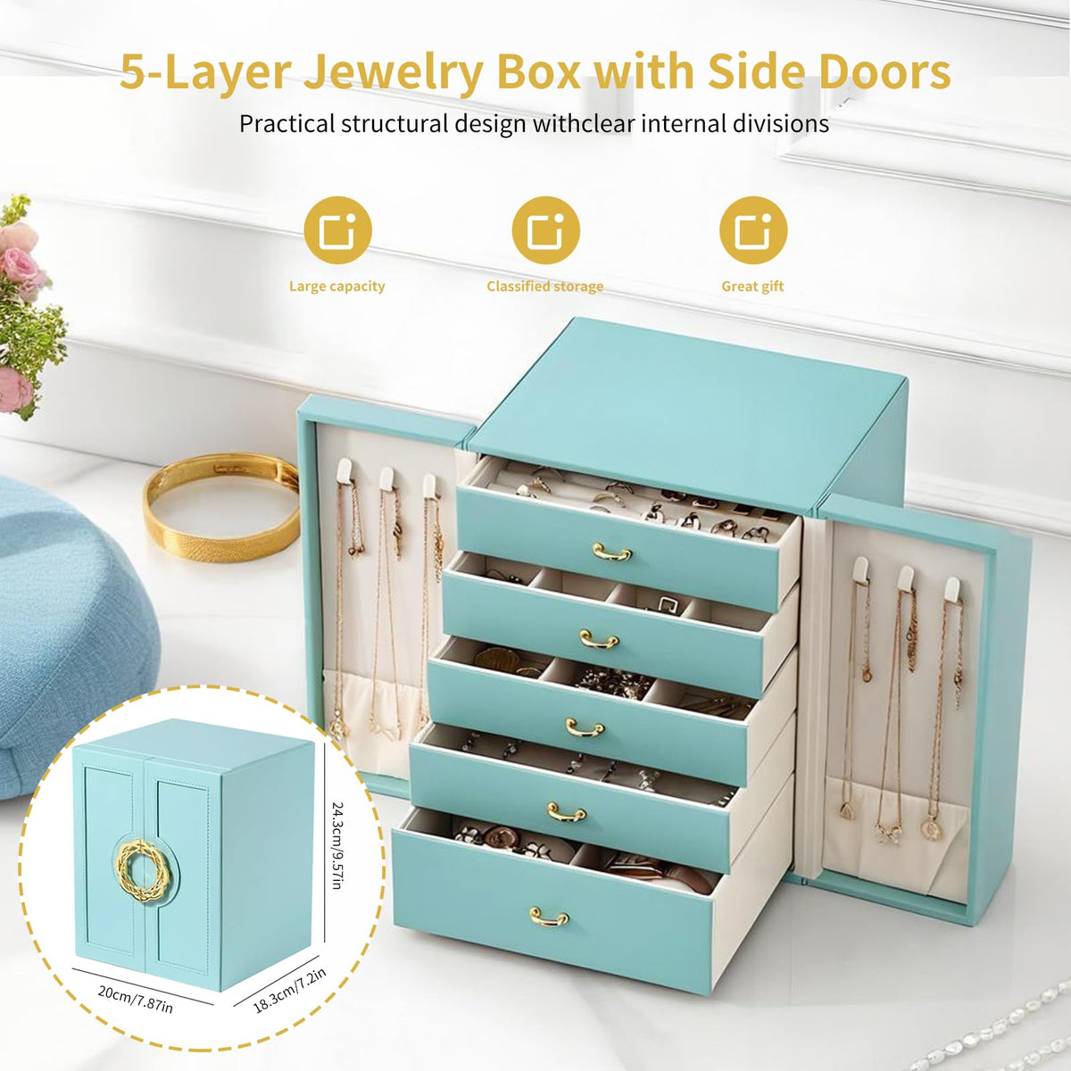 TREASURE VAULT 5-Layer Leather Jewelry Cabinet with Side Doors - RAMODO JEWELRY
