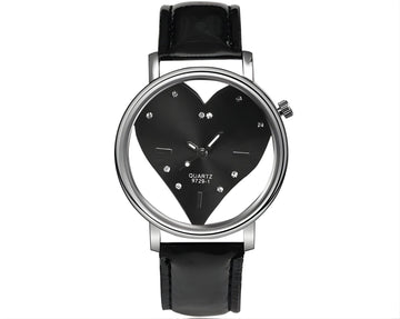 Heart-shaped watch with black face and leather strap on a white background