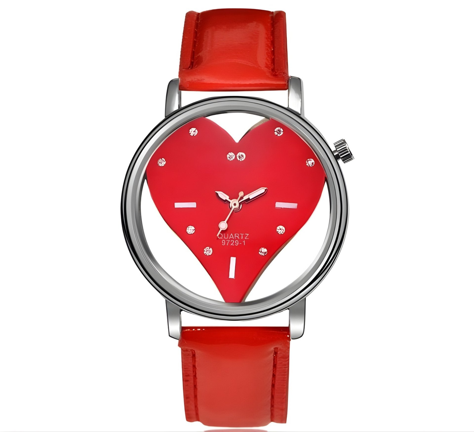 Red heart-shaped watch with a red strap on a white background