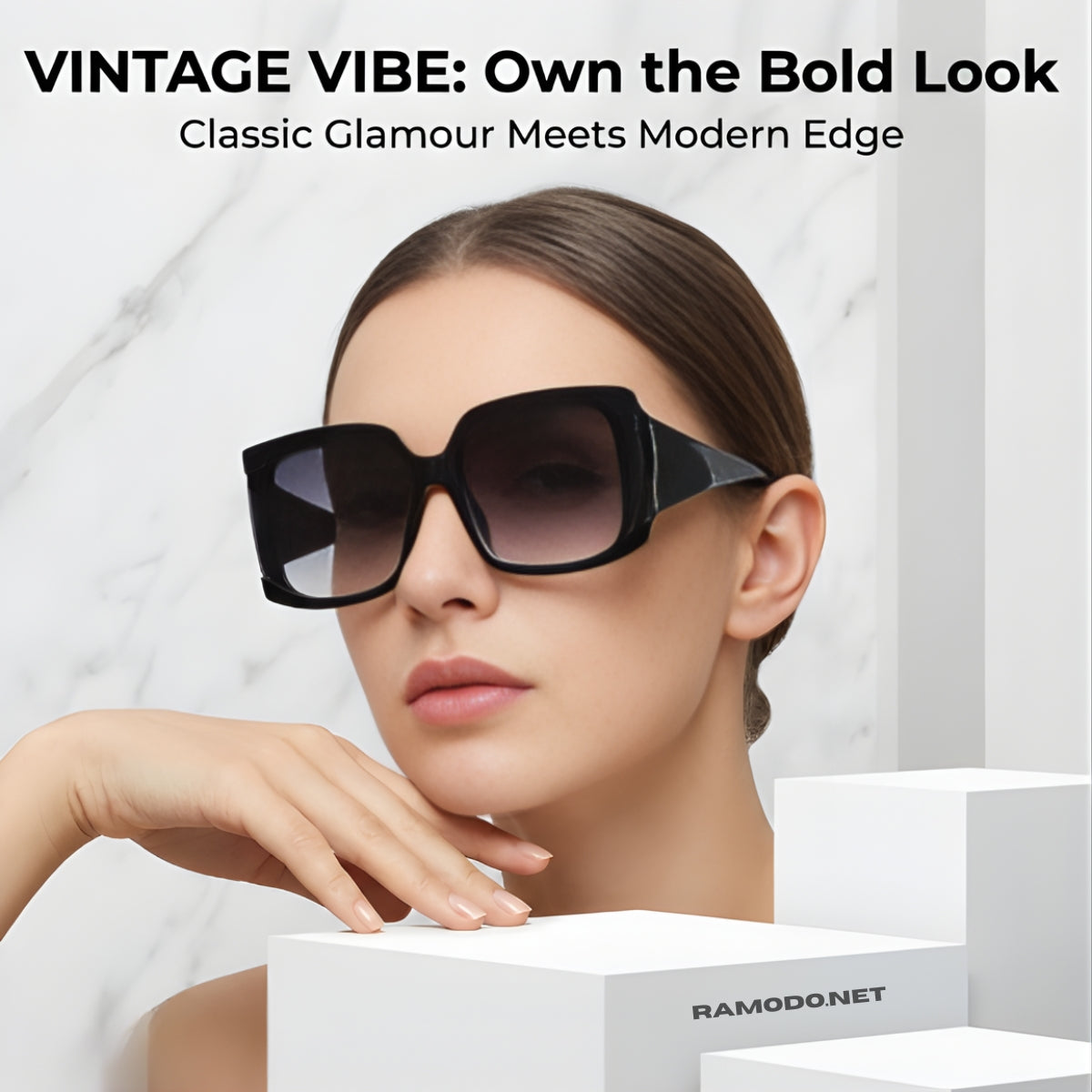 Woman wearing large sunglasses with text 'Vintage Vibe: Own the Bold Look' and 'Classic Glamour Meets Modern Edge'.