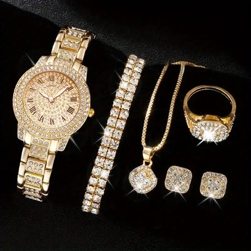 Women's Luxury Diamond Fashion Watch & Jewelry Five-Piece Set