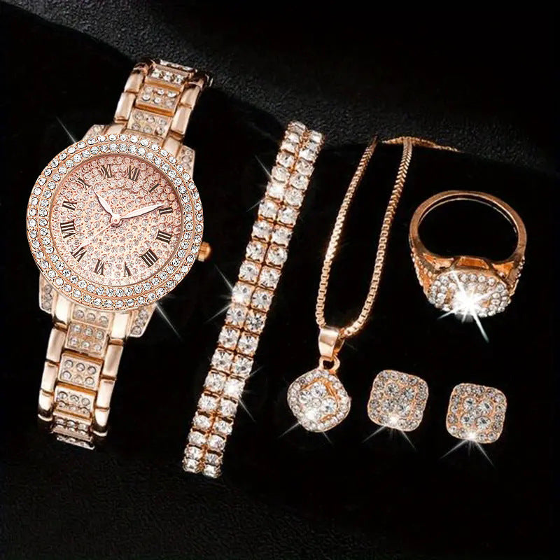 Women's Luxury Diamond Fashion Watch & Jewelry Five-Piece Set