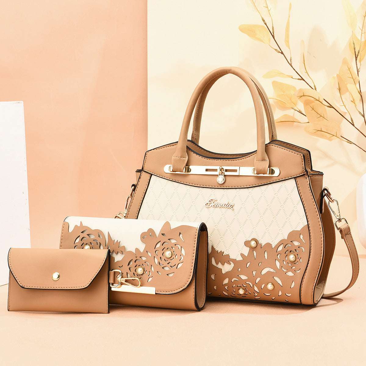 The Floral Trio - 3-Piece Handbag Set with Laser-Cut Floral Detail