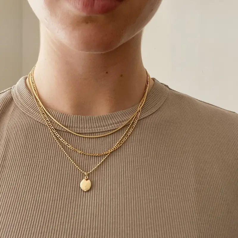 RAMODO Layered Oval Pendant Necklace - Vintage Gold/Silver Chain Set