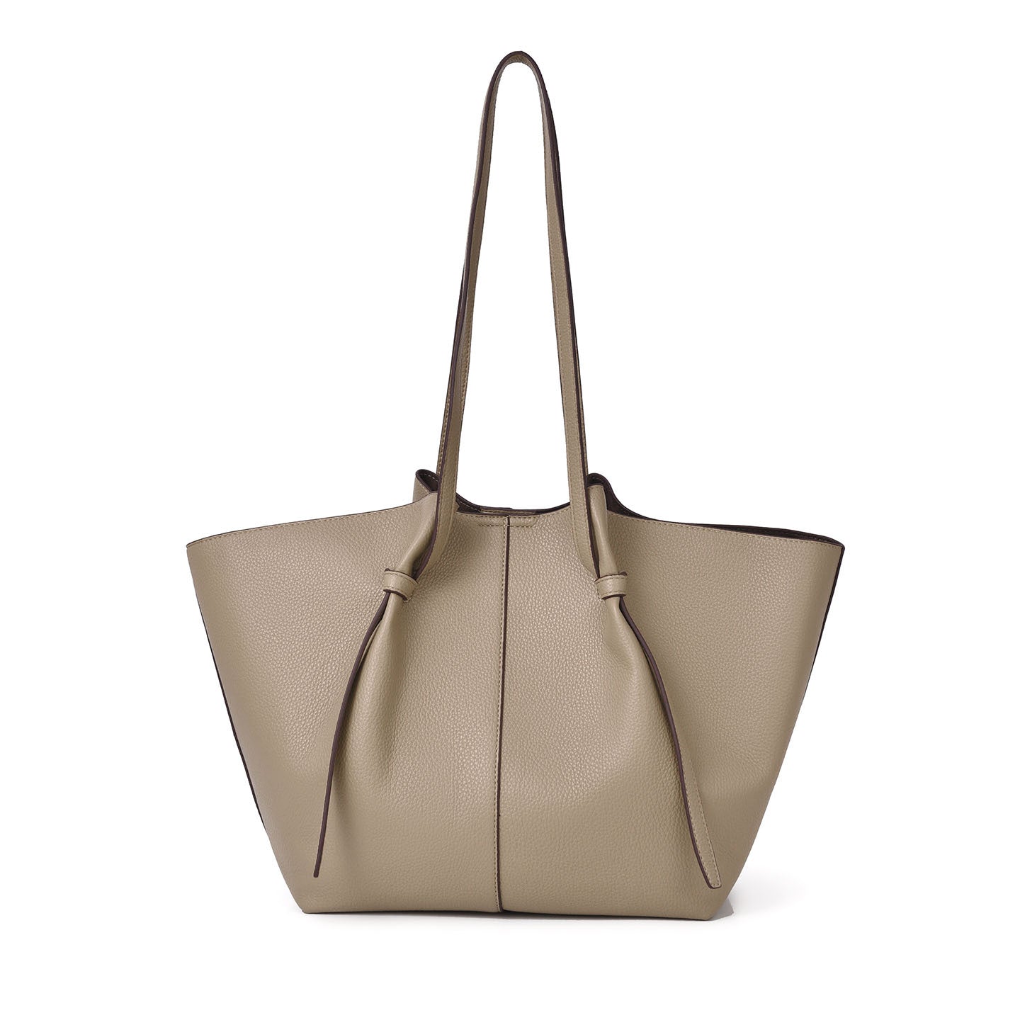 A large Khaki leather tote bag with long shoulder straps and a pebbled texture, shown against a plain white background.