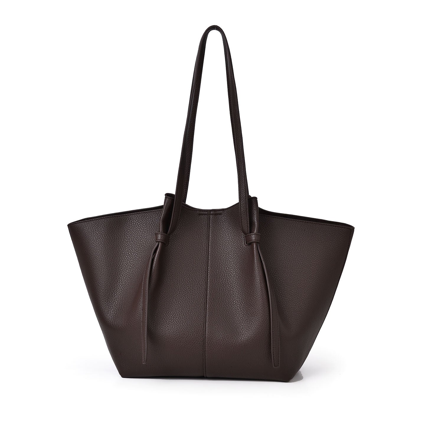 A chocolate pebbled leather tote bag with long shoulder straps and drawstring details, shown against a plain white background.
