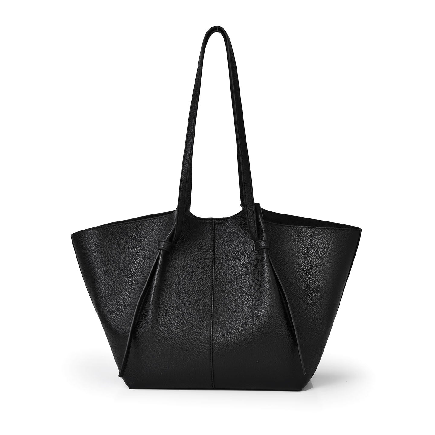 A black pebbled leather tote bag with long shoulder straps, shown against a plain white background.