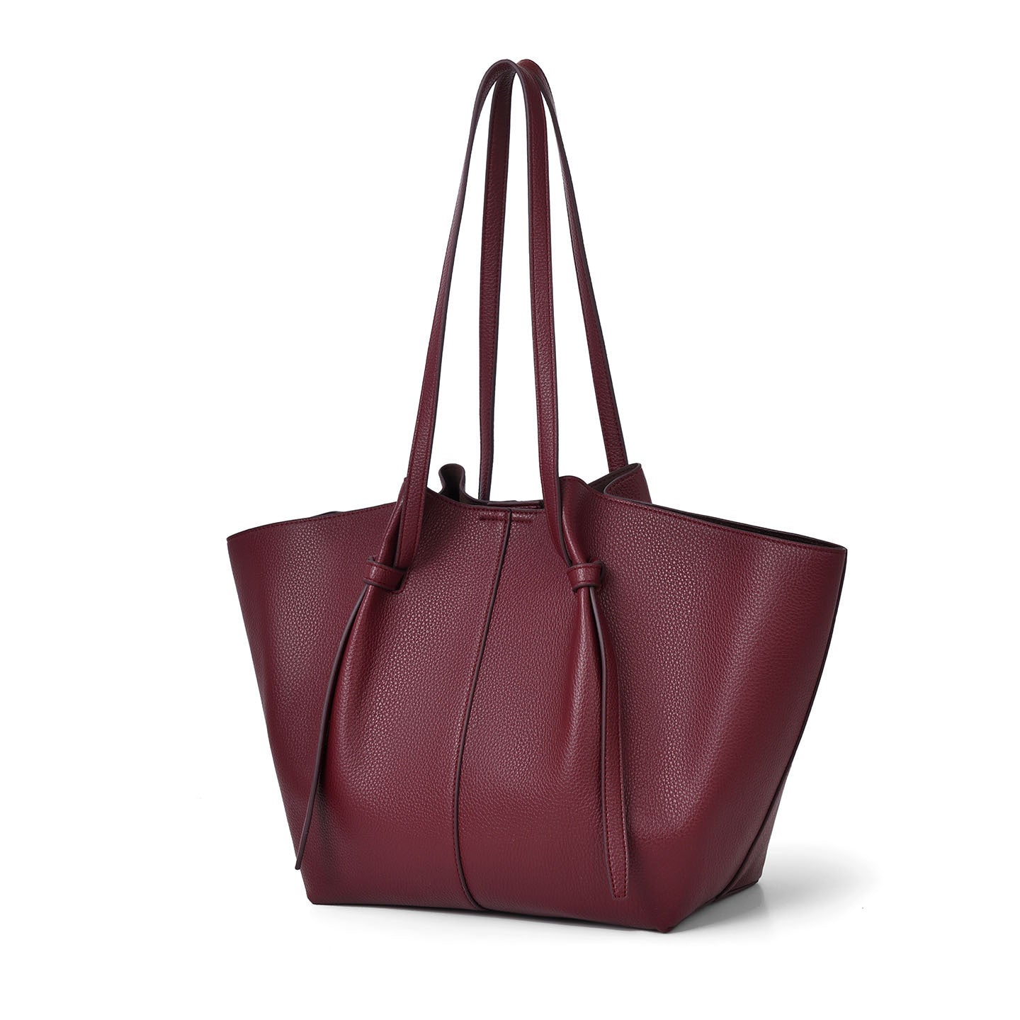 A pebbled leather tote bag in a deep burgundy color, featuring dual shoulder straps and a drawstring closure at the top, shown on a plain white background.