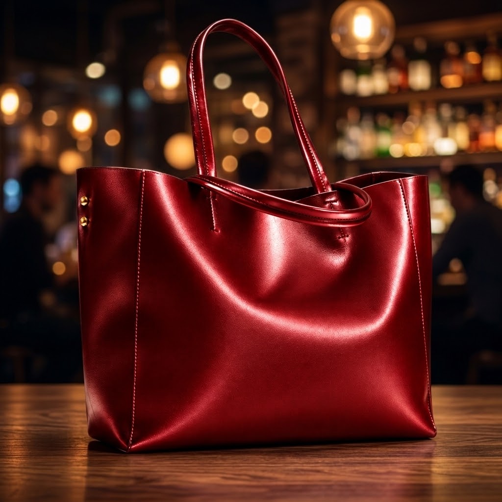 A shiny burgundy leather tote bag with double top handles, styled on a polished wood surface.