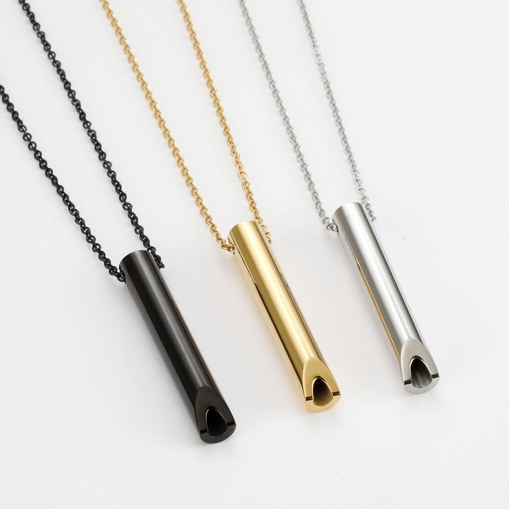 Four necklaces with geometric pendants and integrated fidget spinners, displayed in order of color: black, gold, silver, and rose gold.